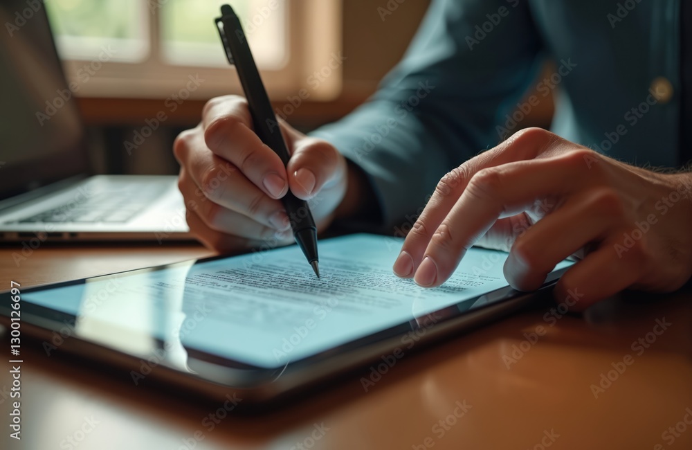 Close-up of digital contract signing on tablet with stylus pen by businessman hand. E-signature of online document using mobile device. Man fills form via touchscreen interface on table with notebook. Close-up of digital contract signing on tablet with stylus pen by businessman hand. E-signature of online document using mobile device. Man fills form via touchscreen interface on table with notebook.