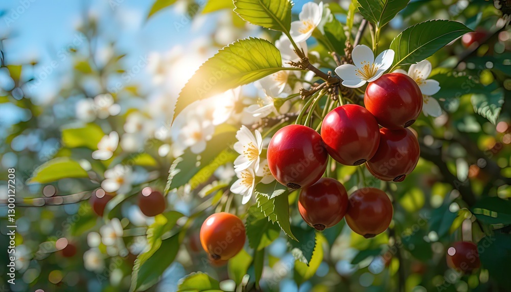 Cherry Blossoms and Ripe Fruits in Sunlight Cherry Blossoms and Ripe Fruits in Sunlight
