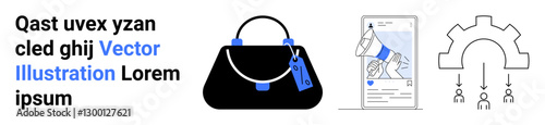 Black handbag with blue tag, digital marketing on mobile screen, and segmented gear icon representing functions. Ideal for fashion, advertising, e-commerce, retail, app design, systems flat landing