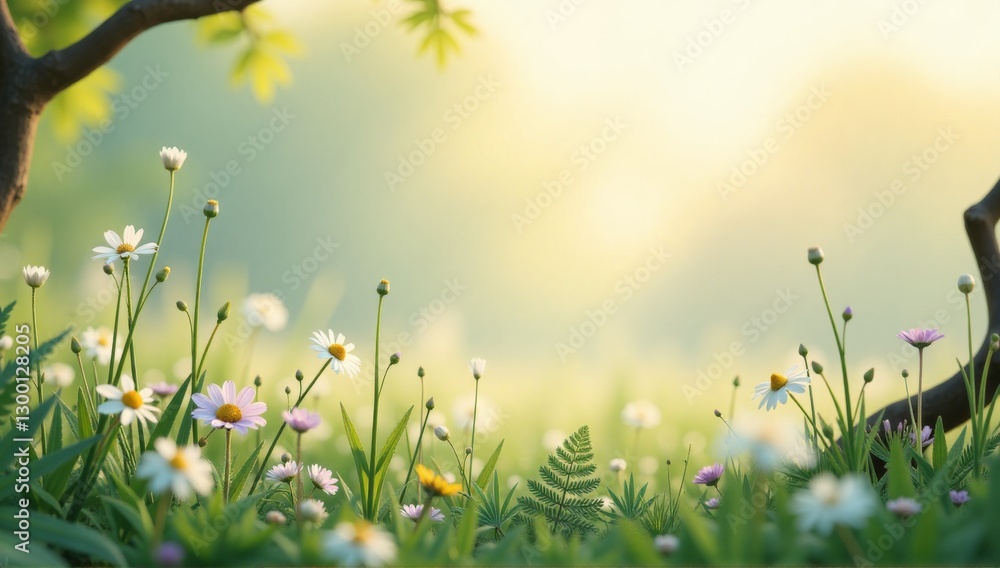 Fototapeta premium A vibrant spring landscape featuring blooming daisies in a lush green meadow under warm sunshine, with shady trees in the background, creating a bright and fresh atmosphere. Perfect for book covers.