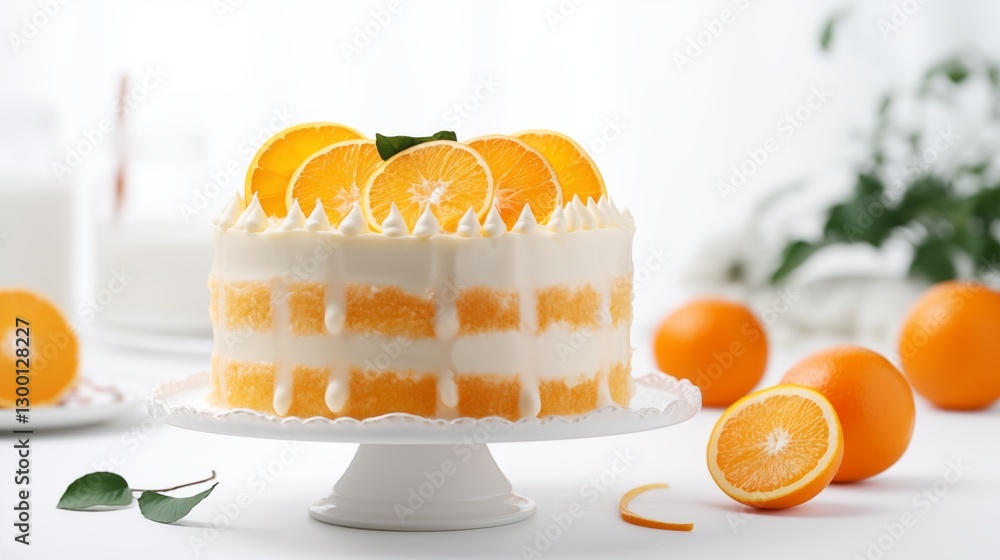 delicious Orange cake on plate on white table, cake background. Generative ai