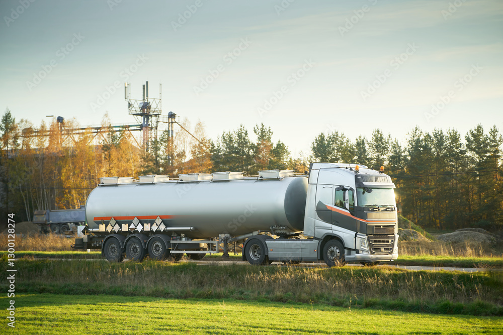 Liquid gas transport vehicle in motion Liquid gas transport vehicle in motion