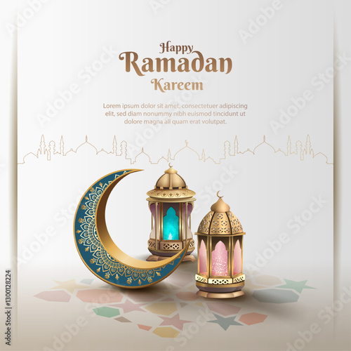 islamic greetings ramadan kareem card design with crescent and beautiful lanterns