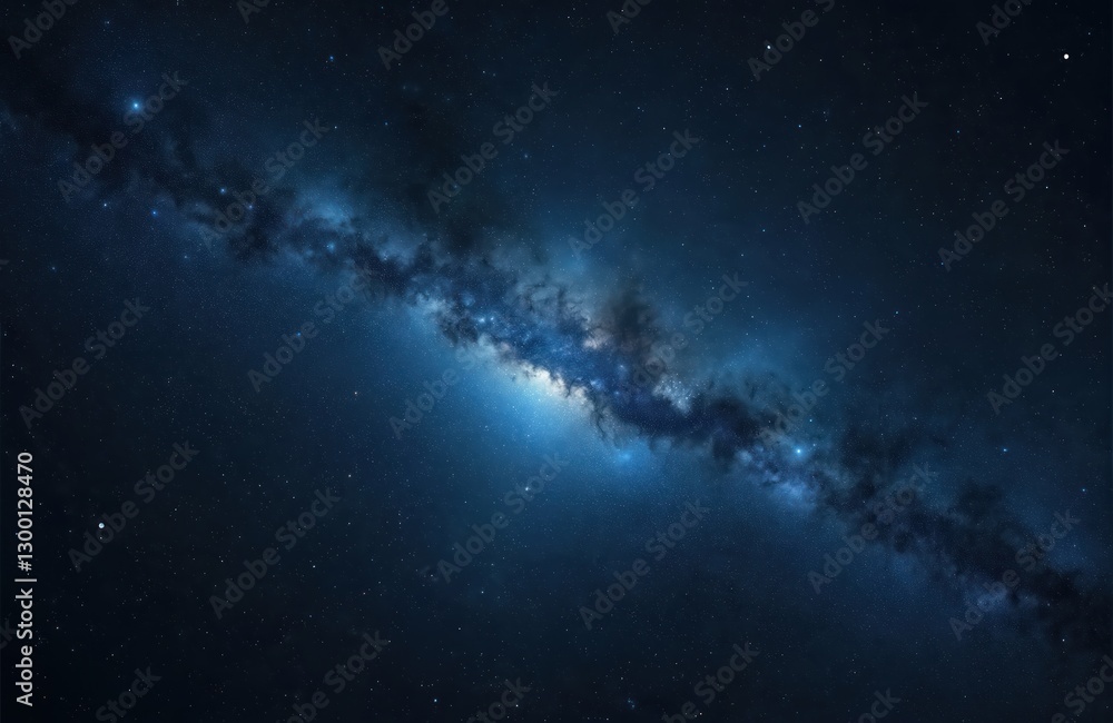 Fototapeta premium Dark blue space background with shiny light spot. Starry nebula in night sky. Cosmos texture, gradient scene. Universe, cosmic backdrop. Astronomy, science, peaceful nature environment.