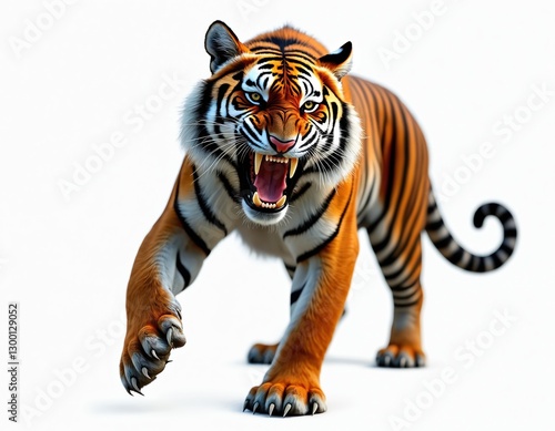 Fierce tiger roars, showing its sharp teeth and claws, isolated on white background. Orange fur, wild strength, powerful defense. Big cat predator on the prowl ready to hunt.