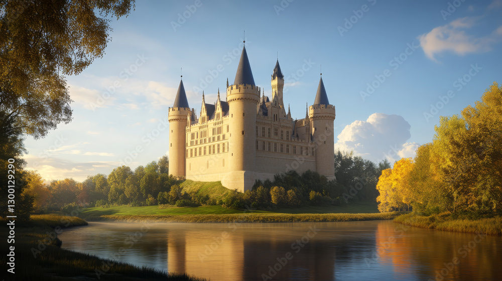 Obraz premium breathtaking castle surrounded by water and trees, showcasing stunning architecture and serene landscape