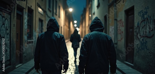 Night scene of two hooded men following woman in dark narrow street. Concept for crime assault stalking and sexual violence. Back view silhouette of male stalkers in city urban scenery.