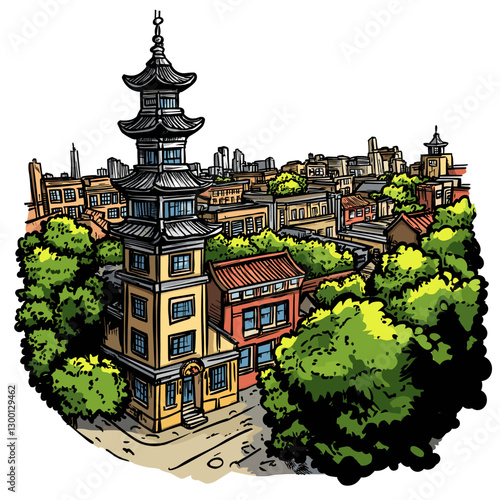 Vector comic hand-drawn illustration of Chinatown. Chinatown in London