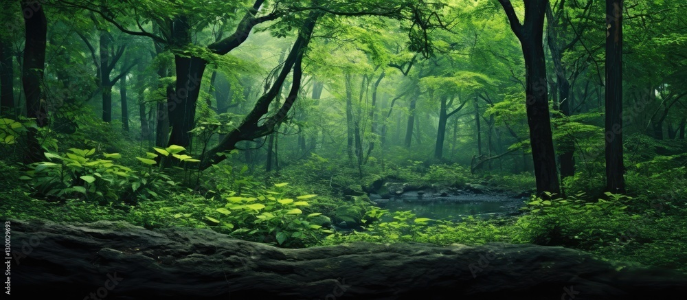 Naklejka premium Lush green forest scene with dense foliage and vibrant leaves creating a serene atmosphere, soft light filtering through trees, peaceful natural setting.