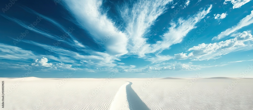 Fototapeta premium Vast desert landscape with white sandy paths stretching under a bright blue sky filled with wispy clouds creating a striking contrast in colors