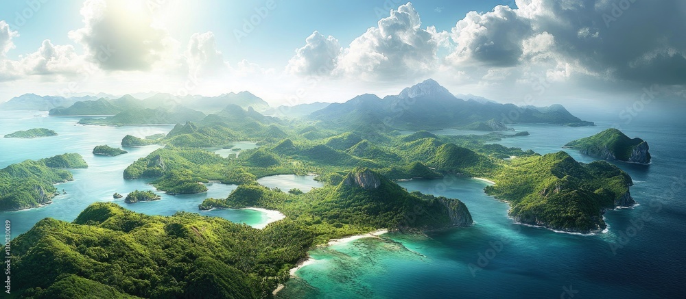 Fototapeta premium Breathtaking aerial view of lush green tropical islands surrounded by crystal-clear blue waters under a bright sky ideal for travel and exploration.
