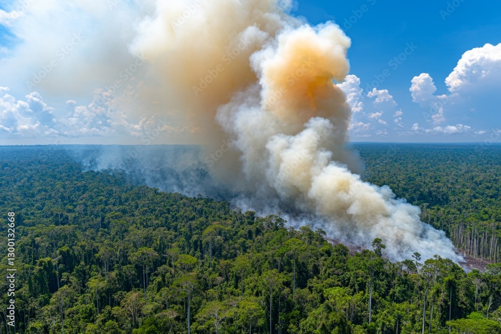 Fototapeta premium A tropical rainforest being cleared by deforestation, with smoke rising into the sky