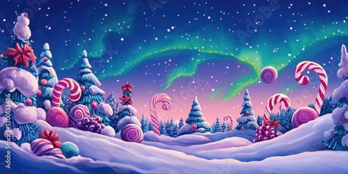 A whimsical snowy winter landscape with candy and northern lights