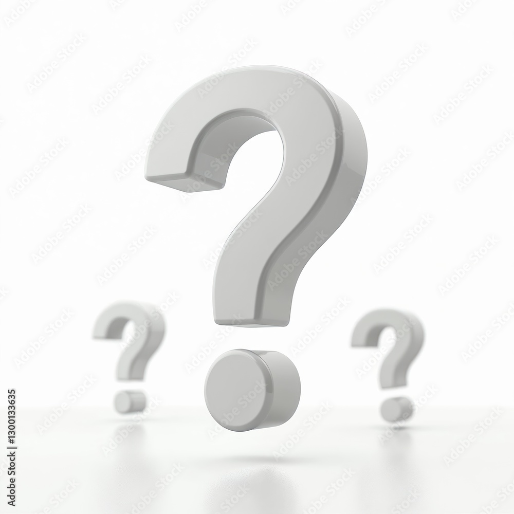 3d render illustration. White question mark symbol icon isolated on white background. FAQ frequently asked questions minimal concept. Problem interrogation and answer design element, signs collection. 3d render illustration. White question mark symbol icon isolated on white background. FAQ frequently asked questions minimal concept. Problem interrogation and answer design element, signs collection.