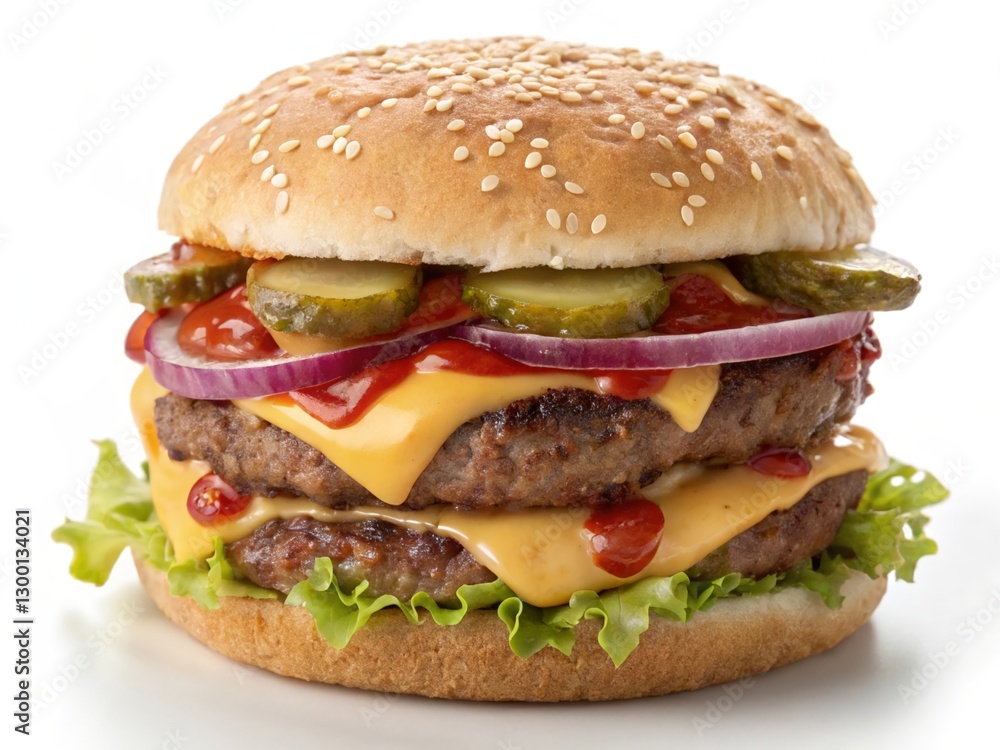 Cheeseburger underneath, larger above it, shot against a white background Cheeseburger underneath, larger above it, shot against a white background
