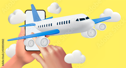 Airplane flying in clouds for travel. background for summer travel advertising design . Realistic 3d design of Travel concept in cartoon minimal style, Ordering airline tickets online