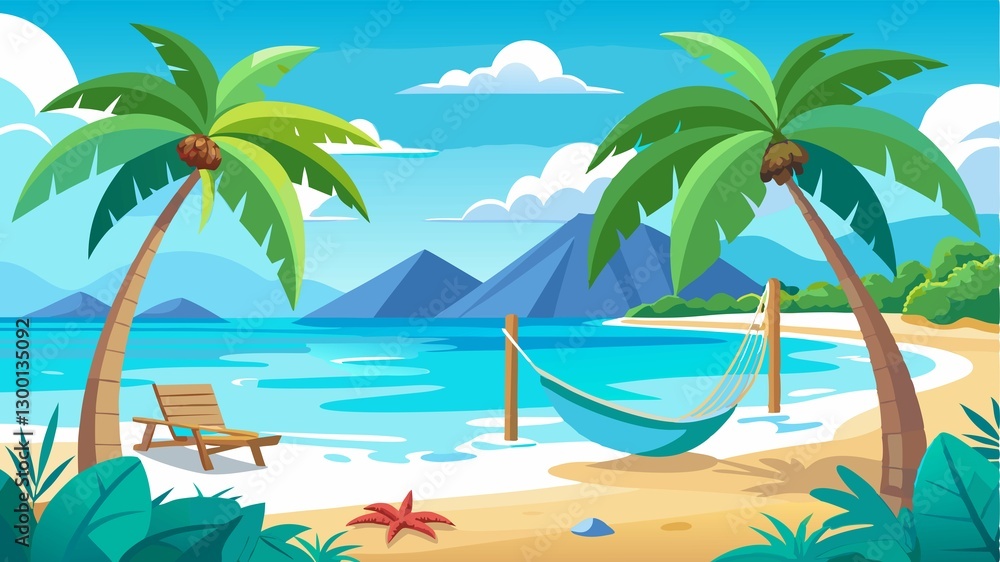 Obraz premium Crystal-clear turquoise water gently washes ashore on a vibrant tropical beach, its pristine sands beckoning relaxation, while a hammock nestled between palm trees offers the perfect spot for peacefu