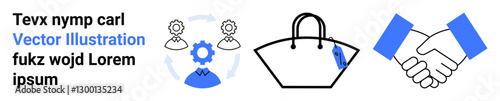 Gear mechanism with people, elegant handbag, handshake for dynamics of teamwork, e-commerce, professional networking. Ideal for business, retail, automation, partnership shopping teamwork flat