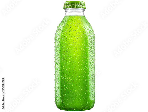 Closeup of a refreshing green juice bottle with glistening water droplets, picture of health and hydration photo