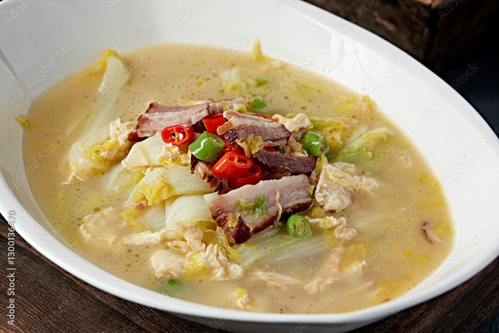 Baby cabbage stewed with lotus root, egg, rice pepper and bacon Baby cabbage stewed with lotus root, egg, rice pepper and bacon