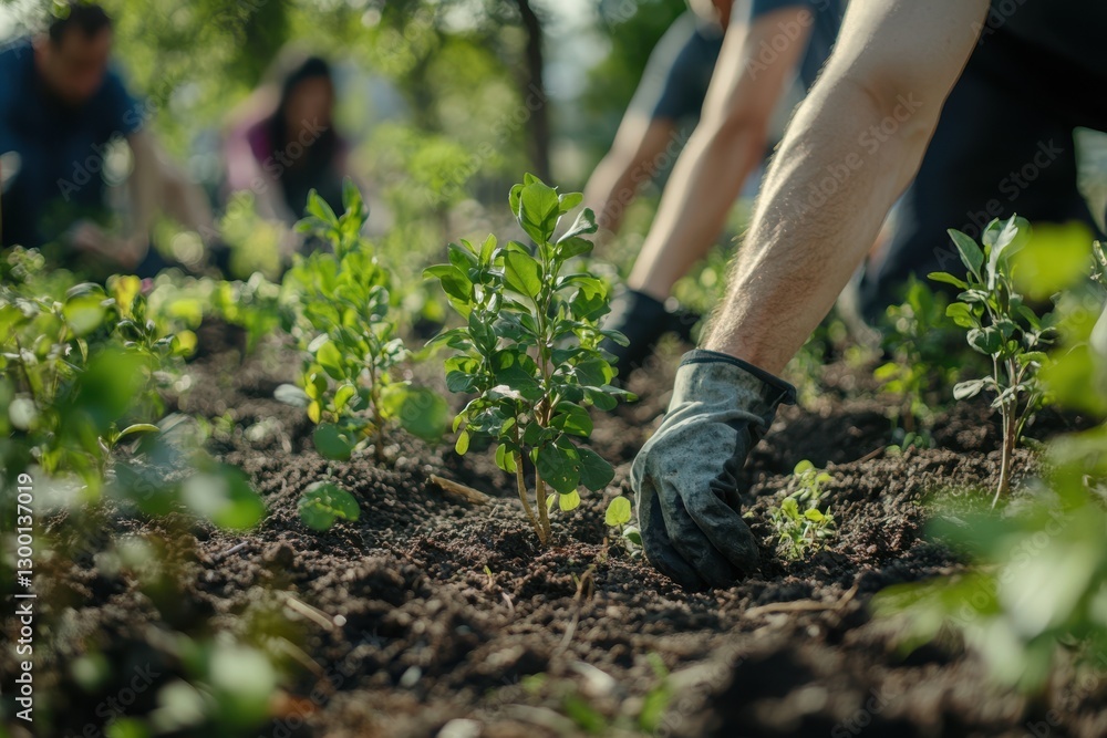 Hands planting young green plants in soil teamwork nature Hands planting young green plants in soil teamwork nature