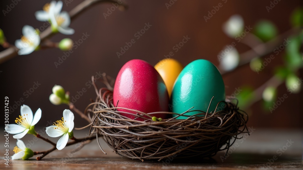 A Tapestry of Easter Colors A Woven Nest Filled with Colorful Eggs and Delicate Blossoms Adorns a Rustic Wooden Table A Tapestry of Easter Colors A Woven Nest Filled with Colorful Eggs and Delicate Blossoms Adorns a Rustic Wooden Table