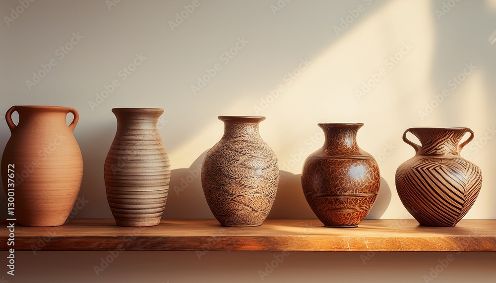 Handcrafted ceramic vases: Unique ceramic vases with textured surfaces and natural hues, placed on a rustic shelf. Handcrafted ceramic vases: Unique ceramic vases with textured surfaces and natural hues, placed on a rustic shelf.