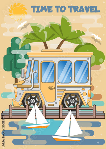 Traveling in a van. Background. Vector illustration.