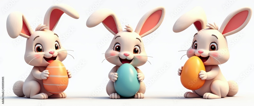 Happy Eeaster Bunny Animation: Three White Rabbits Chewing Vibrant Eggs on a Pure White Background. A set of three animated rabbits holding eeaster eggs. Happy Eeaster Bunny Animation: Three White Rabbits Chewing Vibrant Eggs on a Pure White Background. A set of three animated rabbits holding eeaster eggs.