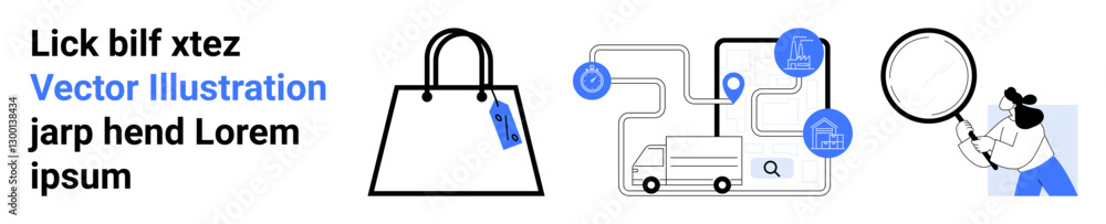 Handbag, delivery route map with location pins and truck, person holding magnifying glass. Ideal for shopping, logistics, delivery, e-commerce, route planning, searching flat landing page banner Handbag, delivery route map with location pins and truck, person holding magnifying glass. Ideal for shopping, logistics, delivery, e-commerce, route planning, searching flat landing page banner