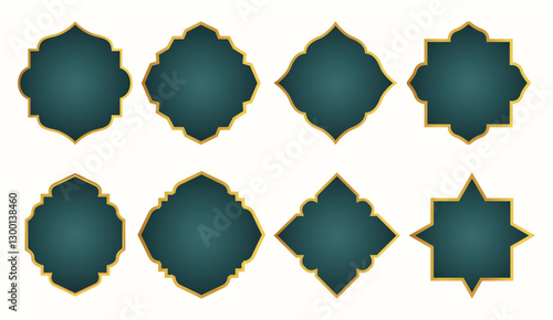 Islamic style border and frame design vector, Islamic arches mosque windows shape collection of frames in green gradient color with gold. vector stock illustration