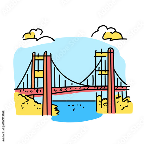 Golden Gate Bridge illustration in an doodle inca cartoon style. Simple minimalist drawing of Golden Gate Bridge