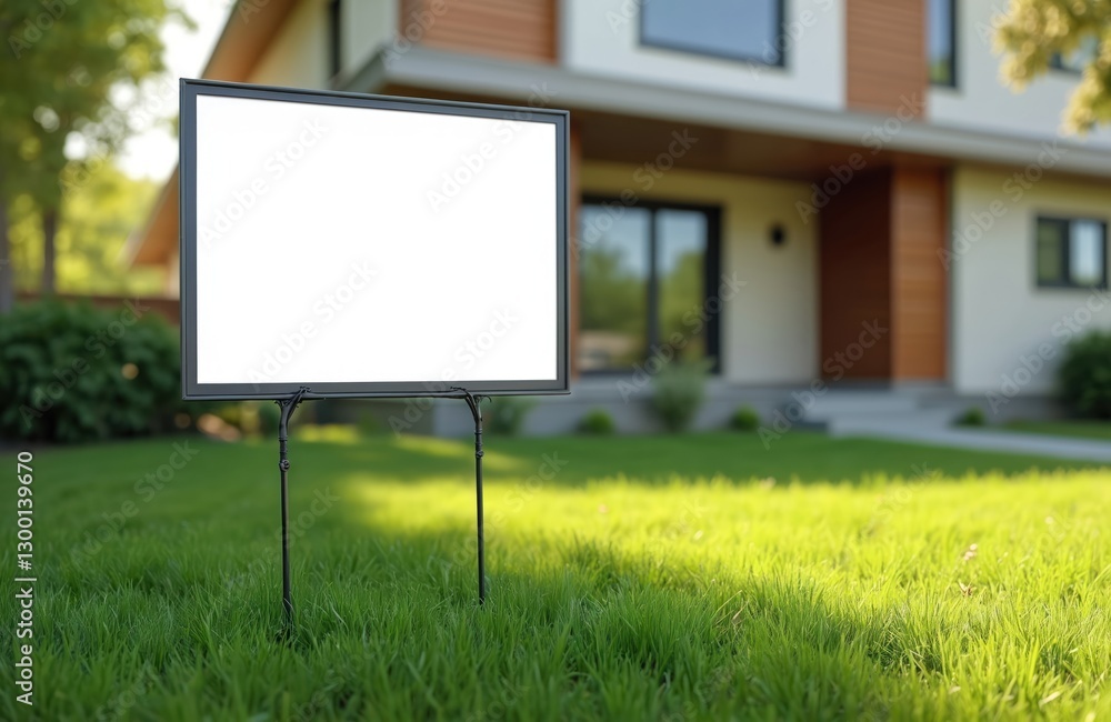Blank yard sign on green lawn grass, house background. Estate advertising, promotion banner. Signage template, place for message. Real estate marketing, property for sale, blank billboard frame Blank yard sign on green lawn grass, house background. Estate advertising, promotion banner. Signage template, place for message. Real estate marketing, property for sale, blank billboard frame