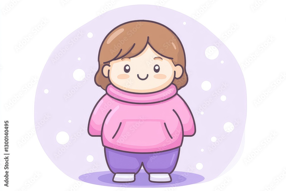 Cute cartoon character wearing a pink hoodie and purple pants standing in a snowy background Cute cartoon character wearing a pink hoodie and purple pants standing in a snowy background