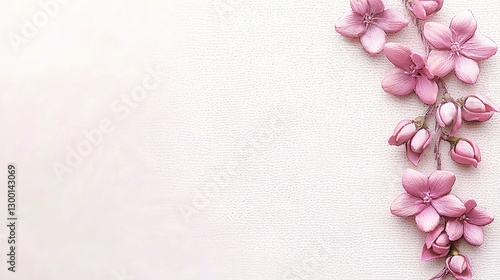 Pink flowers border, soft background, spring floral design, greeting card