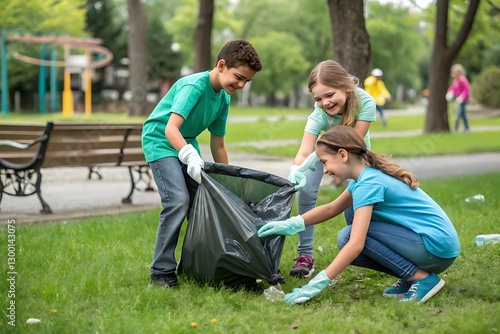 Three children are picking up trash in a park, image, photo