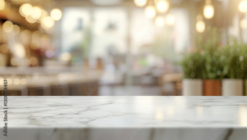 White Marble Tabletop in a Blurred Cafe Interior White Marble Tabletop in a Blurred Cafe Interior