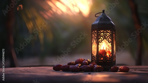 A Glowing Ramadan Lantern Illuminates Sweet Dates At Sunset, Casting A Warm, Inviting Light During The Holy Month