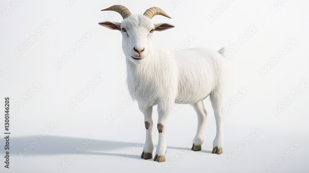 Fototapeta premium A Serene White Goat Stands Peacefully Against A Bright Backdrop, Showcasing Its Soft, Fluffy Coat And Gentle Gaze In A Minimalist Studio Setting