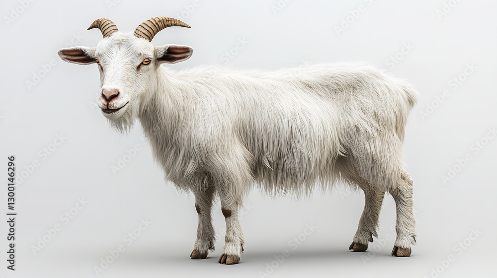 A Serene White Goat With Luxuriously Fluffy Fur Stands Against A Minimalist Grey Backdrop, Exuding Quiet Dignity And Gentle Strength