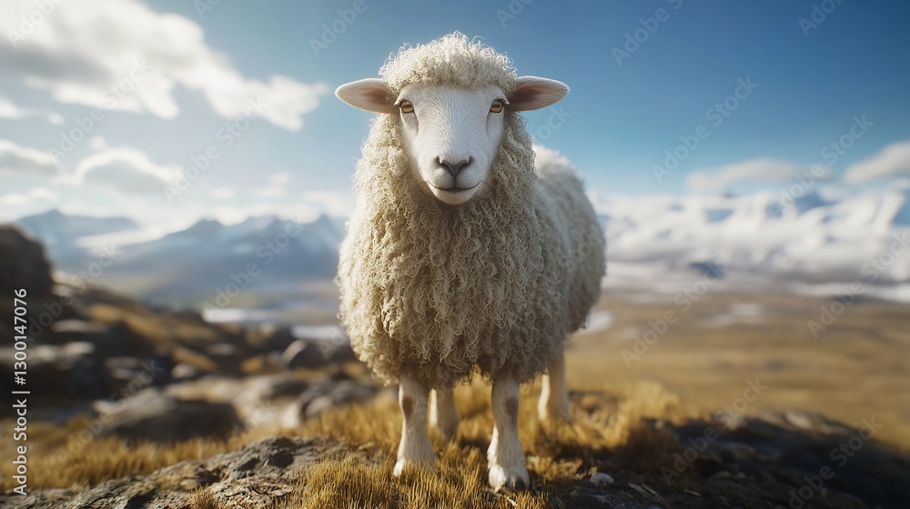A Serene Sheep Gazing Out At A Majestic Mountain Range Under A Bright Sunny Sky, Bathed In Warm Light
