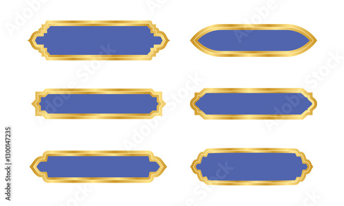 Set of six Islamic ornamental nameplates. Arabic-style blue labels with golden decorative borders. Vector collection for invitation, greeting card, and design template