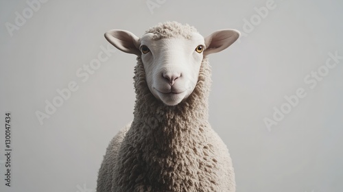 Obraz na płótnie A Gentle Sheep Gazes Serenely, A Portrait Of Peaceful Innocence Against A Muted Grey Backdrop w salonie