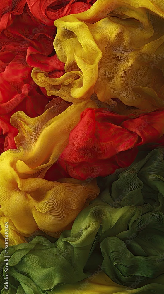 Naklejka premium Abstract swirling red, yellow, green fabric; textured background; design, textile