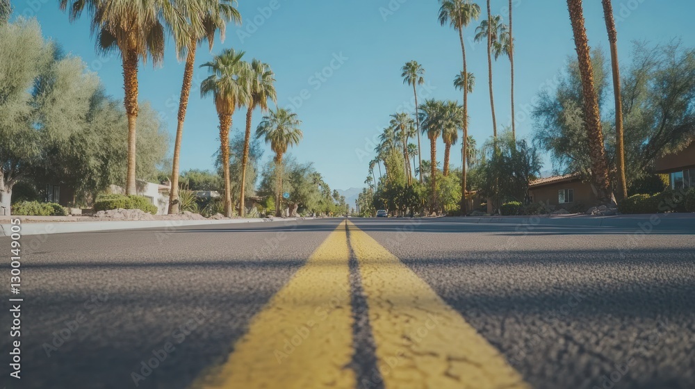 Palm Tree Lined Street, Desert Road, Sunny Day Palm Tree Lined Street, Desert Road, Sunny Day