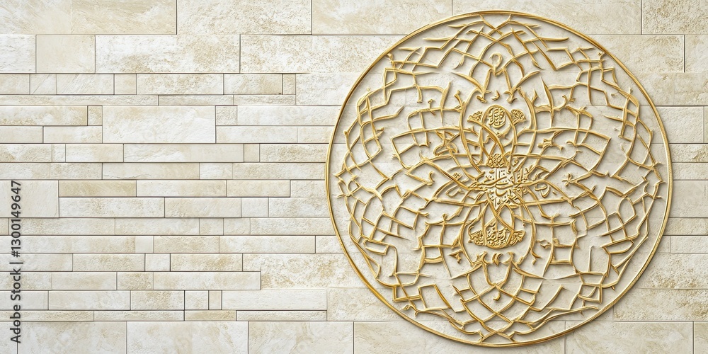 Obraz premium Beige Brick Wall with Golden Islamic Geometric Art Pattern Decoration