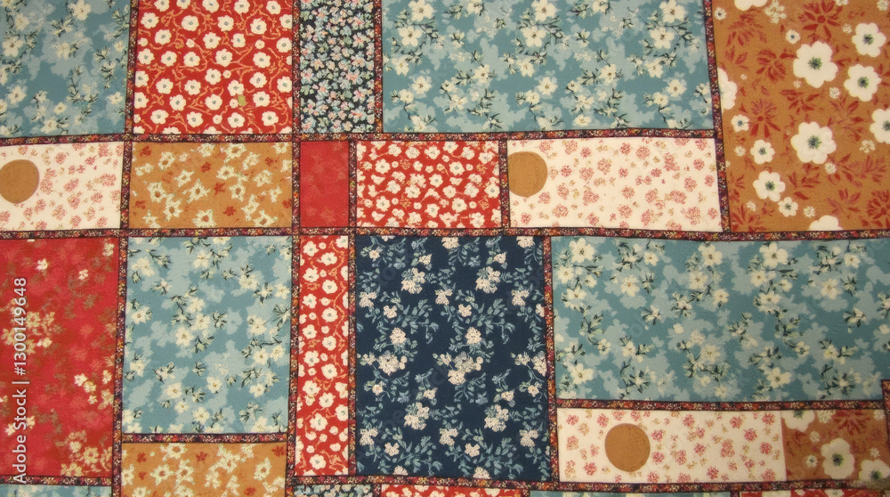 Handmade patchwork quilt with floral pattern as background. Retro style handmade blanket. Handmade patchwork quilt with floral pattern as background. Retro style handmade blanket.