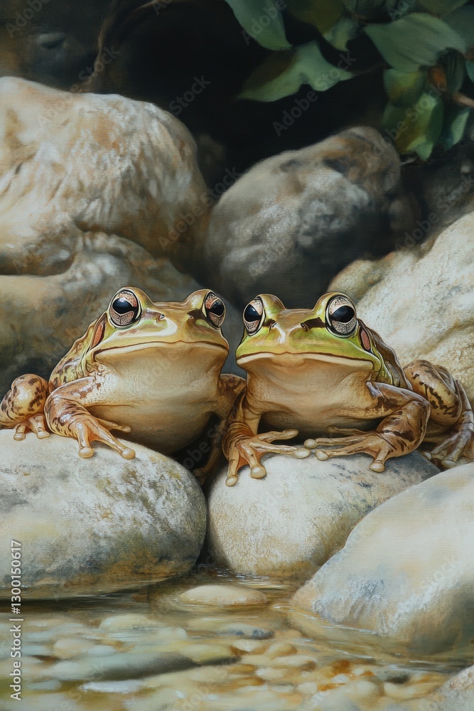 Two frogs resting on rocks near a stream in their natural habitat during the daylight. National Frog Month Two frogs resting on rocks near a stream in their natural habitat during the daylight. National Frog Month