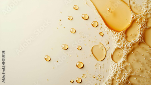 Golden Cooking Oil Drops and Bubbles on a Light Background