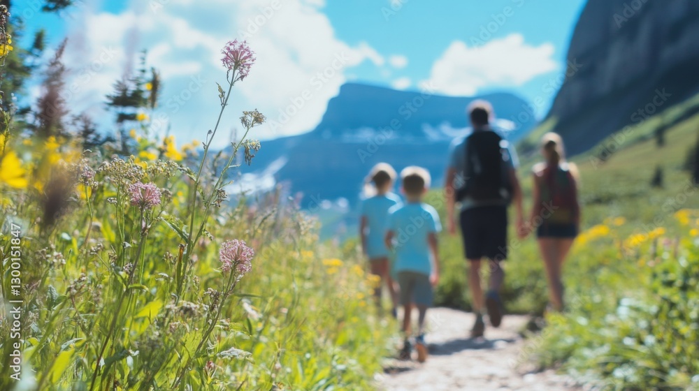 Family Hiking Mountain Trail, Wildflowers, Sunny Day